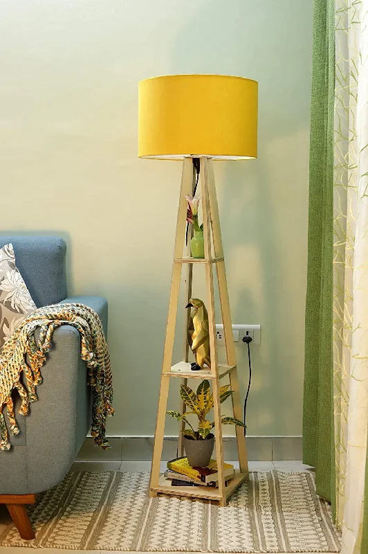 Premium Birch Plywood Floor Lamp with Shelf (Yellow Shade)