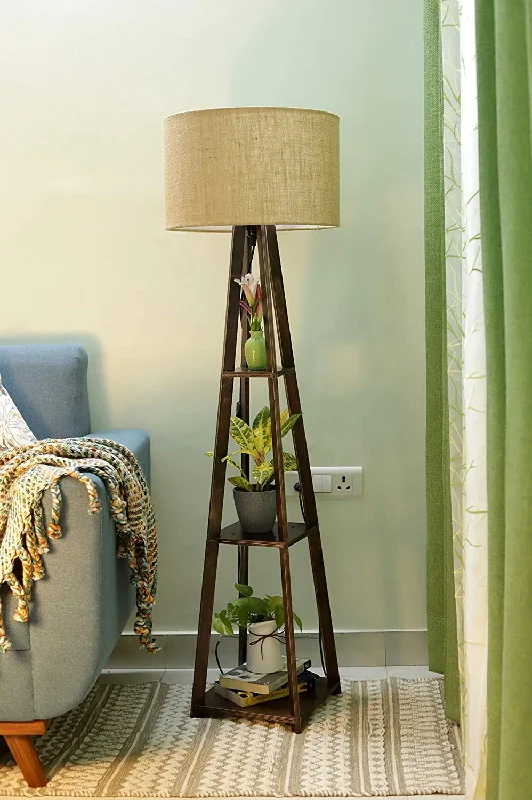 Premium Birch Plywood Brown Floor Lamp with Shelf (Jute Shade)