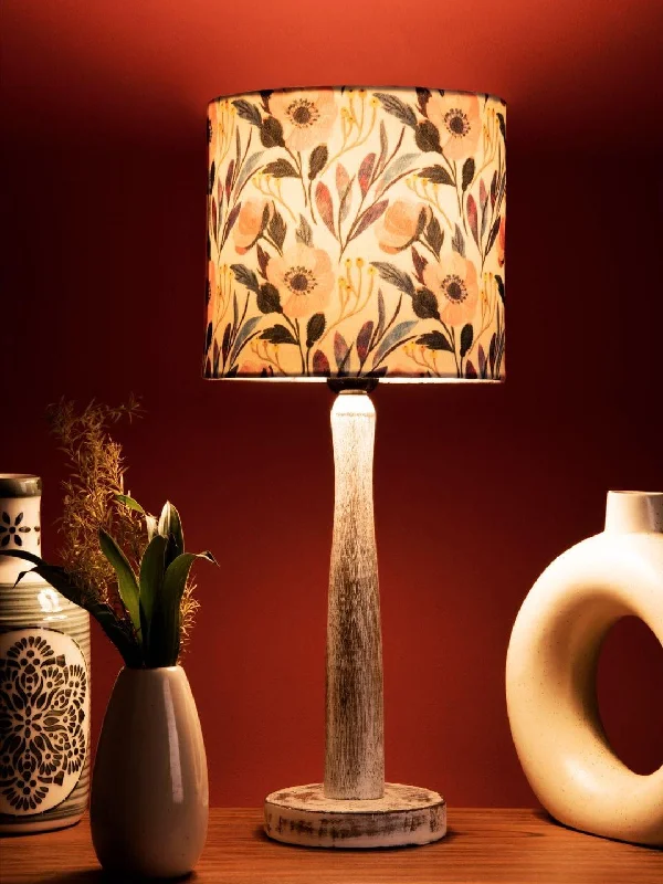 Distress White Wooden Lamp with Pink Floral Shade