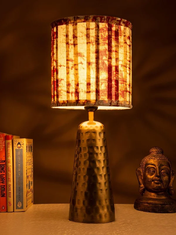 Golden Hammered V-Shaped Lamp with Pleeted Muticolor Maroon Shade