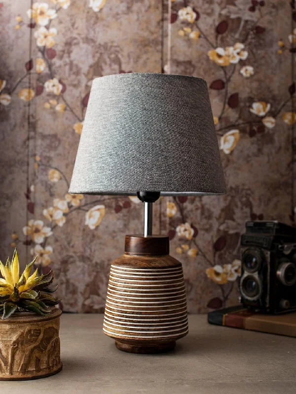 Rustic Ridged Wooden Lamp with Samre Grey Shade