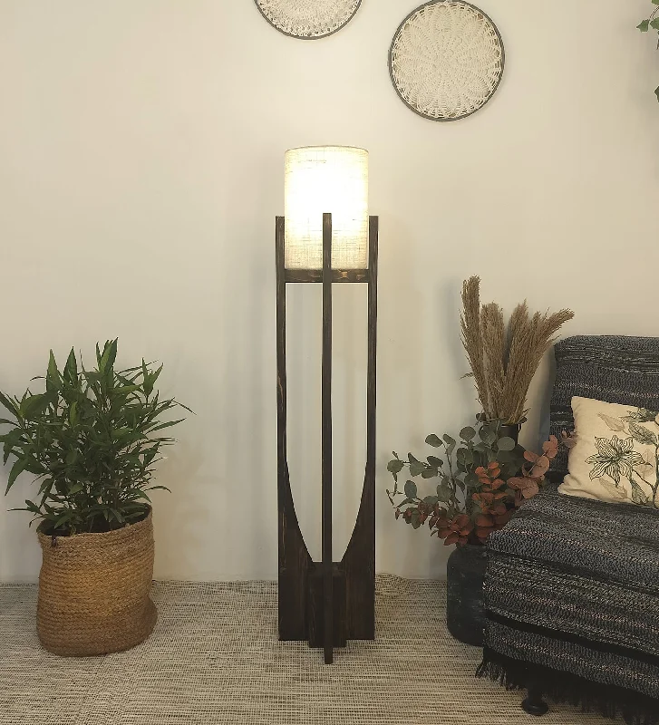 Solitaire Wooden Floor Lamp with Brown Base and White Fabric Lampshade (BULB NOT INCLUDED)