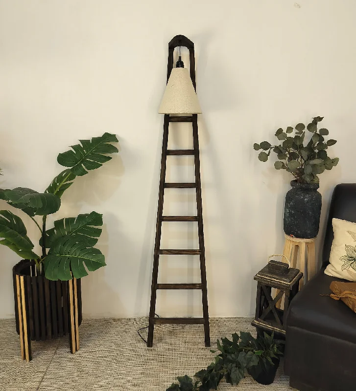 Stairway Wooden Floor Lamp with Brown Base and Jute Fabric Lampshade (BULB NOT INCLUDED)