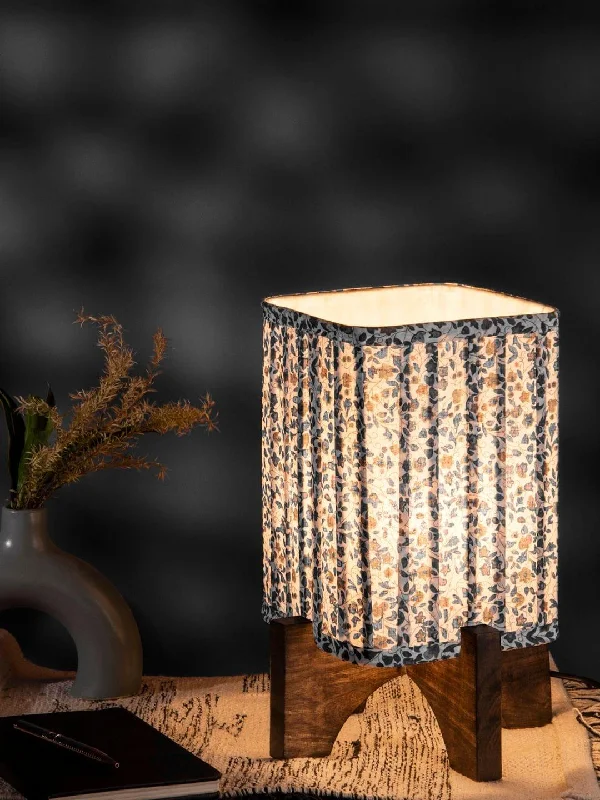 Wooden Brown Base Lamp with pleeted Blue Tinyleaves Soft Shade