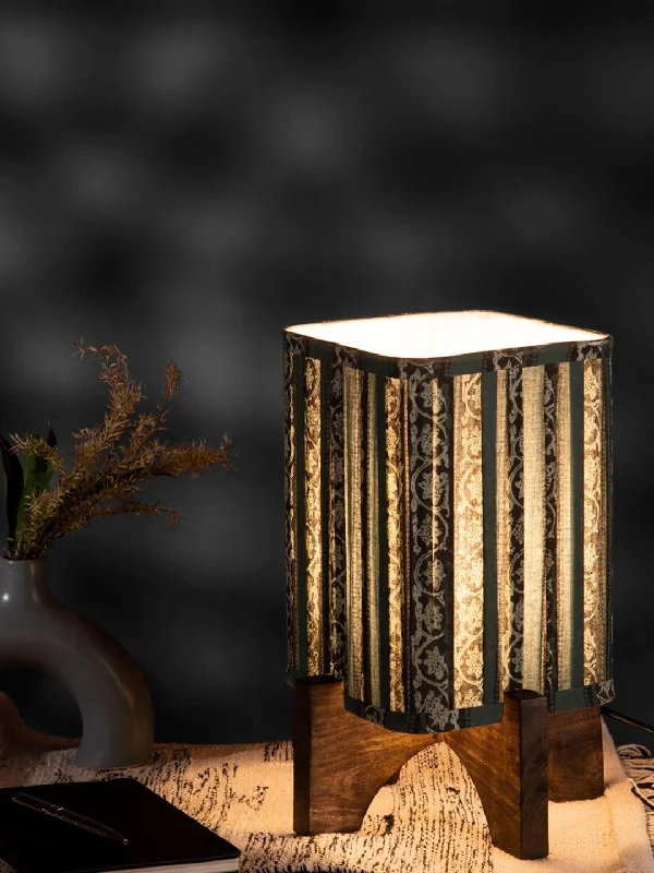 Wooden Brown Base Lamp with pleeted Green Blockprint Soft Shade