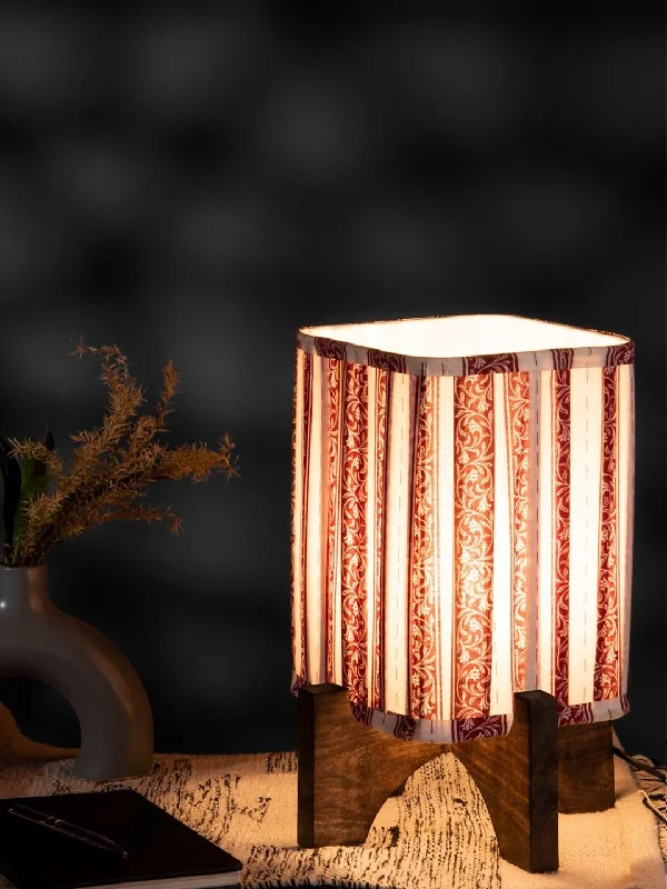 Wooden Brown Base Lamp with pleeted Red Leafyprint Soft Shade