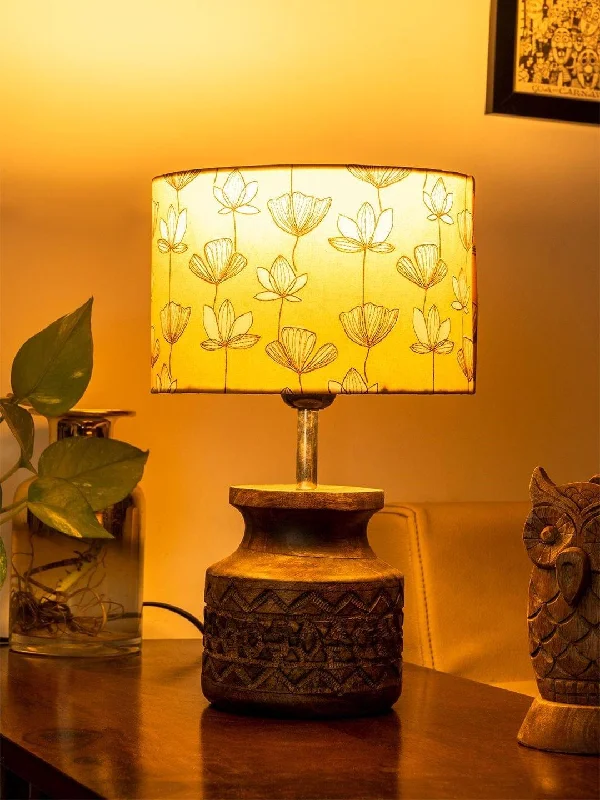 Wooden Carved Lamp with Mustard Flora Multicolor Shade