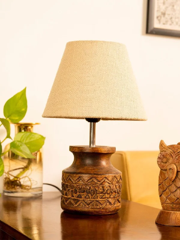 Wooden Carved Lamp with Taper Jute White Shade