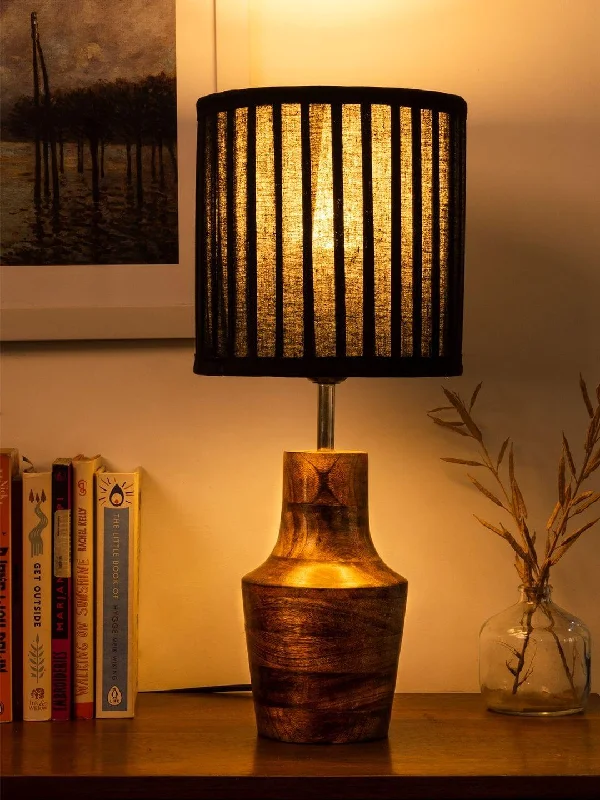 Wooden Firkin Lamp with Pleeted Cotton Black Shade