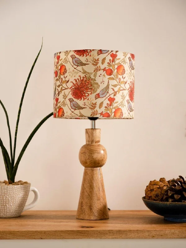 Wooden Skirt Lamp with Multicolor Birdy Shade