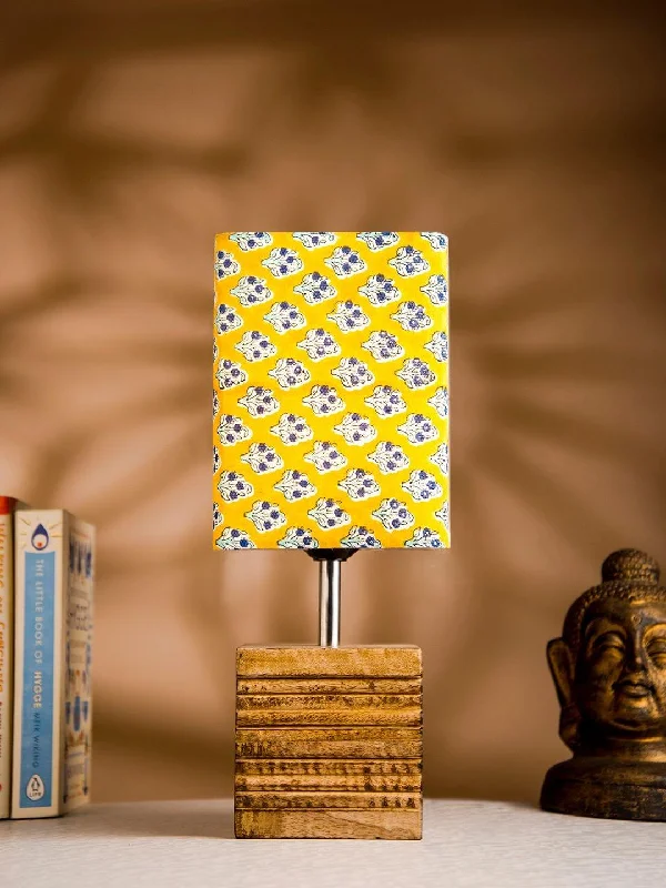 Wooden Stripped Cube Lamp with Colorful Yellow Shade