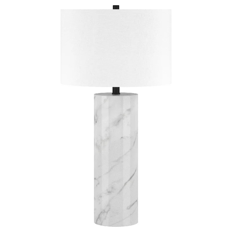 30" White Marble Cylinder Table Lamp With White Drum Shade