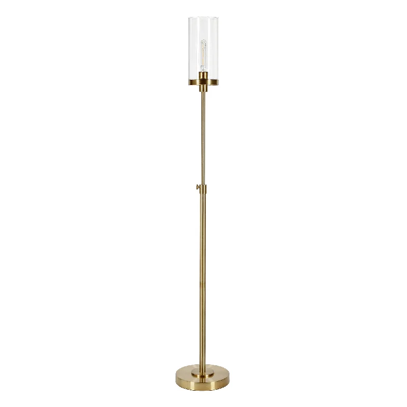 66" Brass Torchiere Floor Lamp With Clear Transparent Glass Drum Shade