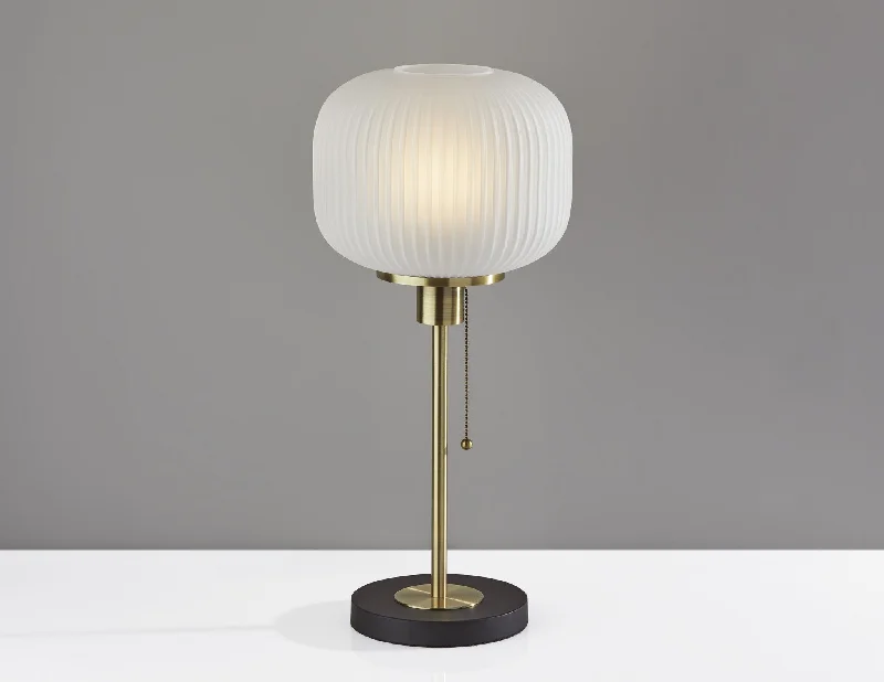 22" Antiqued Brass Table Lamp With White Ribbed Frosted Glass Dome Shade