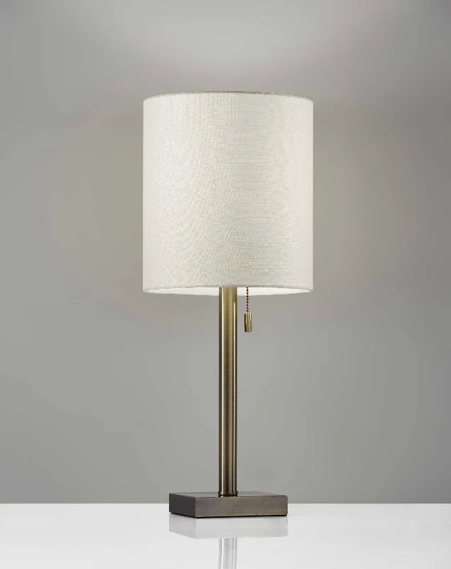 22" Antiqued Brass Metal Cylinder Table Lamp With Off White Drum Shade