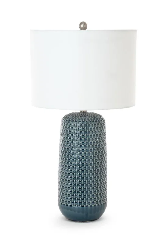 Set of Two 30" Blue Ceramic Geometric Table Lamp With White Drum Shade