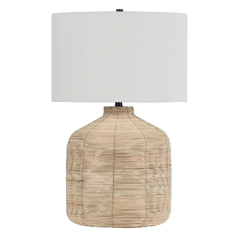 27" Natural Rattan Table Lamp With White Drum Shade