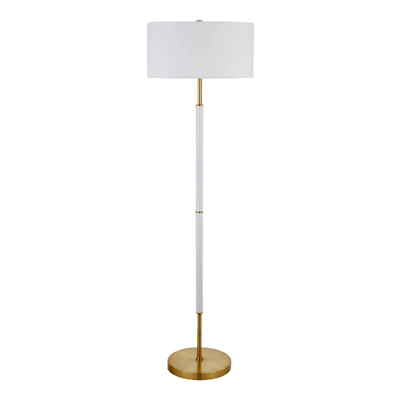 61" Brass Two Light Floor Lamp With White Frosted Glass Drum Shade